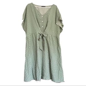 Green Polka Dot Tie Waist Dolman Sleeve Dress 4X